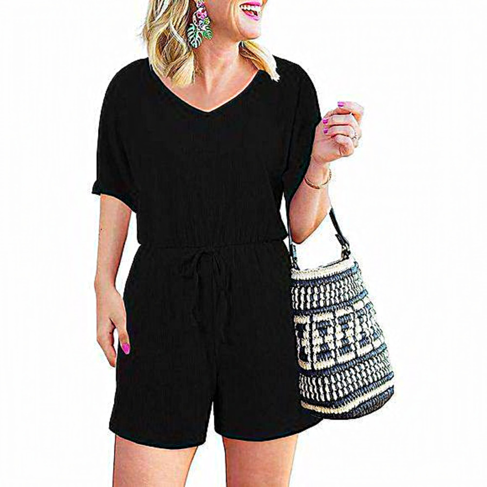 Women’s Summer Short Sleeve V Neck‎ Polyester Black Romper 1 Piece Short Pajama